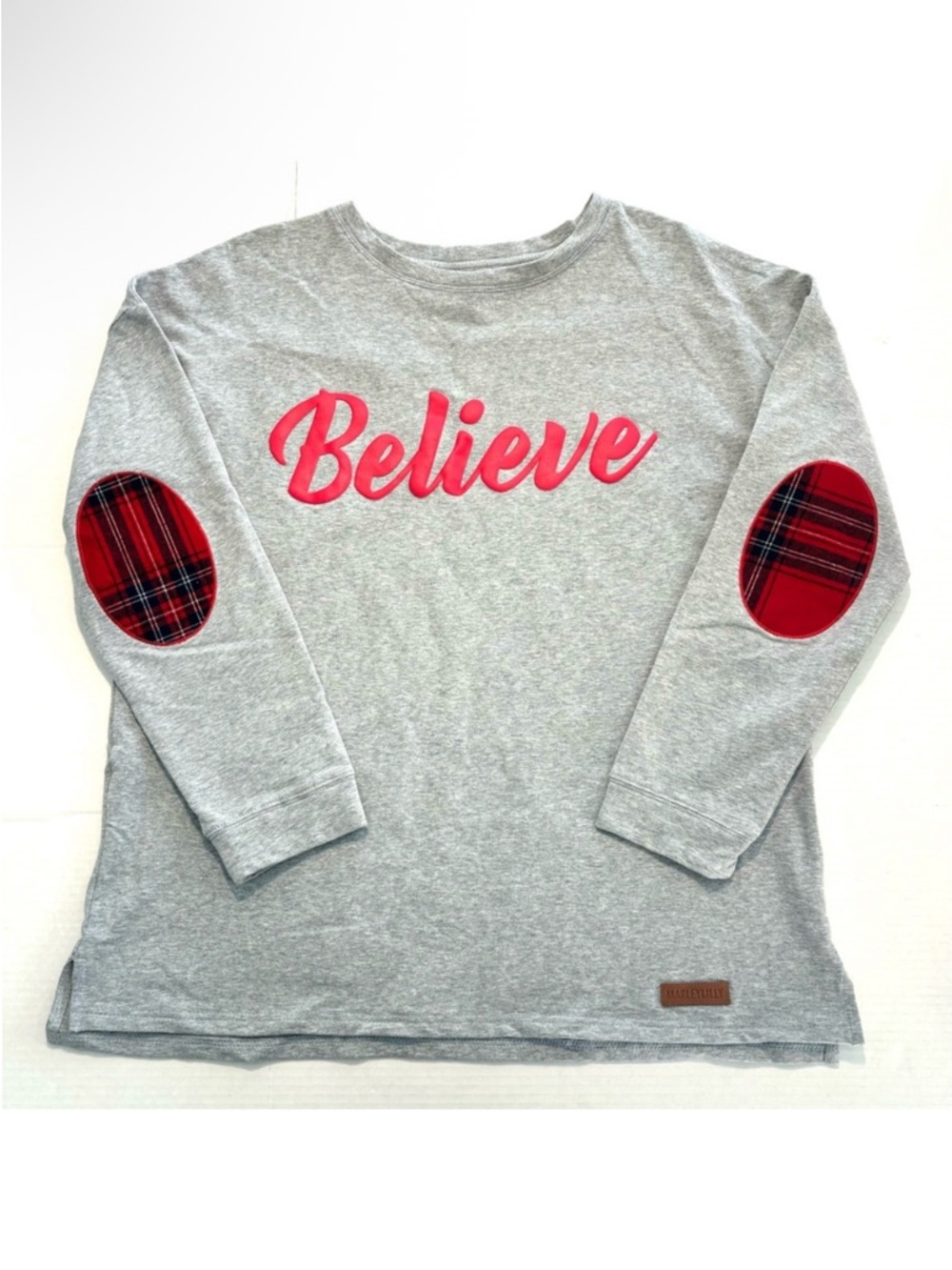 MarleyLilly BELIEVE Sweatshirt Oversized Elbow Patch Grey Red Christmas Size S/M